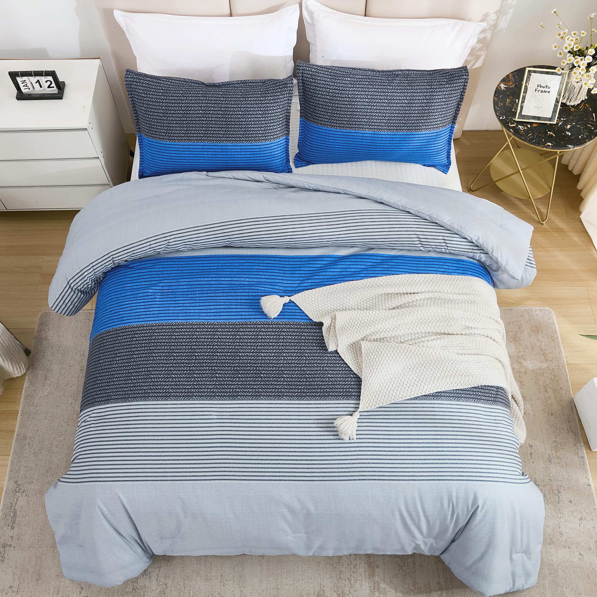 Litanika Blue Grey Bed Comforter Twin Set, Xl Twin Comforter Boys Men Striped Bedding Comforter Set, 2 Pieces Lightweight Soft A